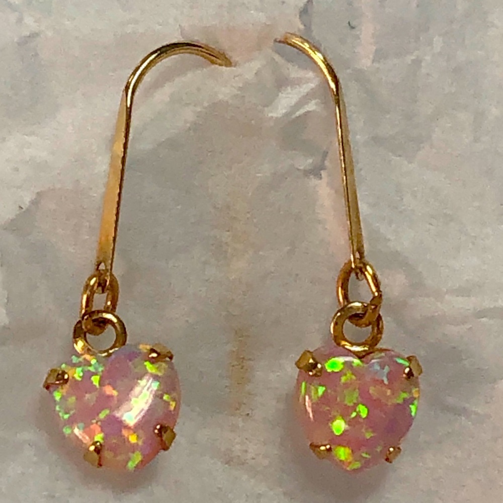 Gold Pink Opal Heart Shaped Pierced Earrings